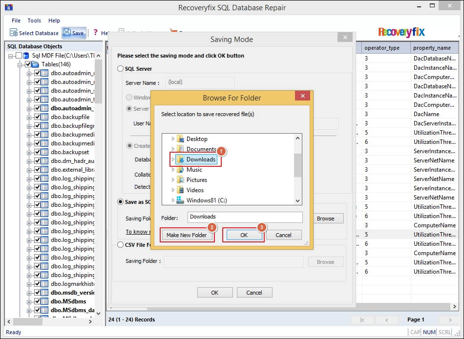 Find a folder to save database